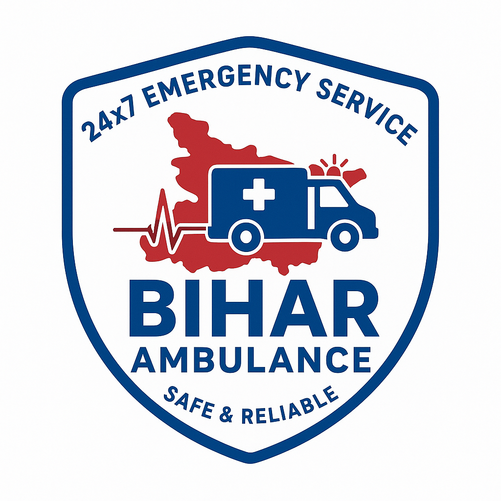 Bihar Ambulance logo with shield design, ambulance icon, Bihar map, 24x7 emergency service, safe and reliable healthcare