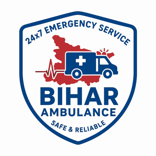 Bihar Ambulance logo with shield design, ambulance icon, Bihar map, 24x7 emergency service, safe and reliable healthcare